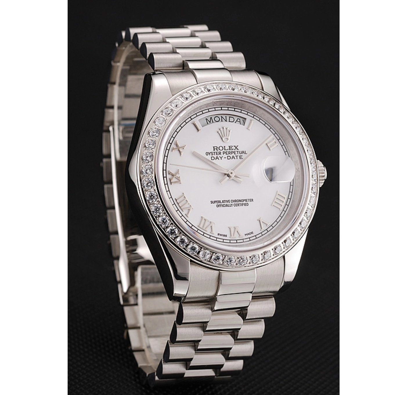 AAA replica watch Case Diamond Bracelet White Day-Date Swiss Dial Rolex Steel 1453967 Stainless 0723